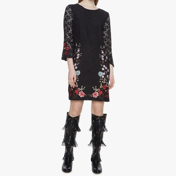 Desigual Dresses & Skirts - Desigual Vermond Lace Dress Floral Embroidery Bell Sleeve Black Size 40 Medium